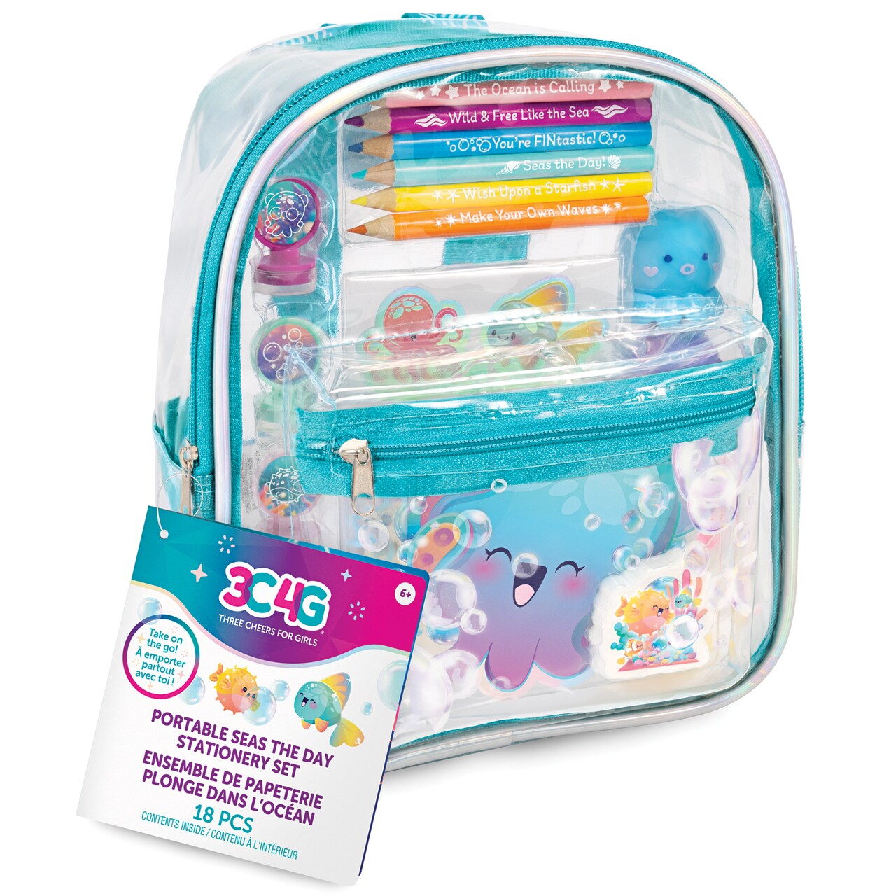 3C4G: Portable Seas The Day! Stationary Set - 8" Mini Backpack Case, Ocean Themed, Stickers-Highlighters-Color Pencils-Stamps-Note Pad, Girls & Kids